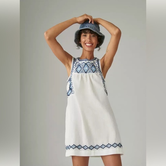 Lucky Brand Boho Blue Embroidered White Cotton Linen Blend Shift Dress Sz Small - Picture 3 of 12